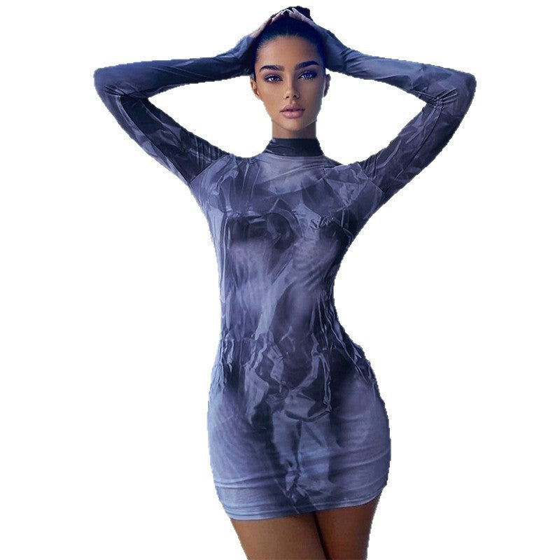 High Neck Long Sleeve Printed Dress