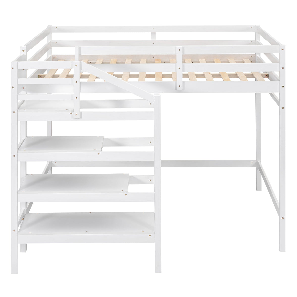 Full Size Loft Bed with Built-in Storage Staircase and Hanger for Clothes  White
