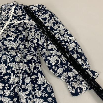 ENTRO Floral Pattern Ruffle Blouse Women's Sz S Navy/White T25612