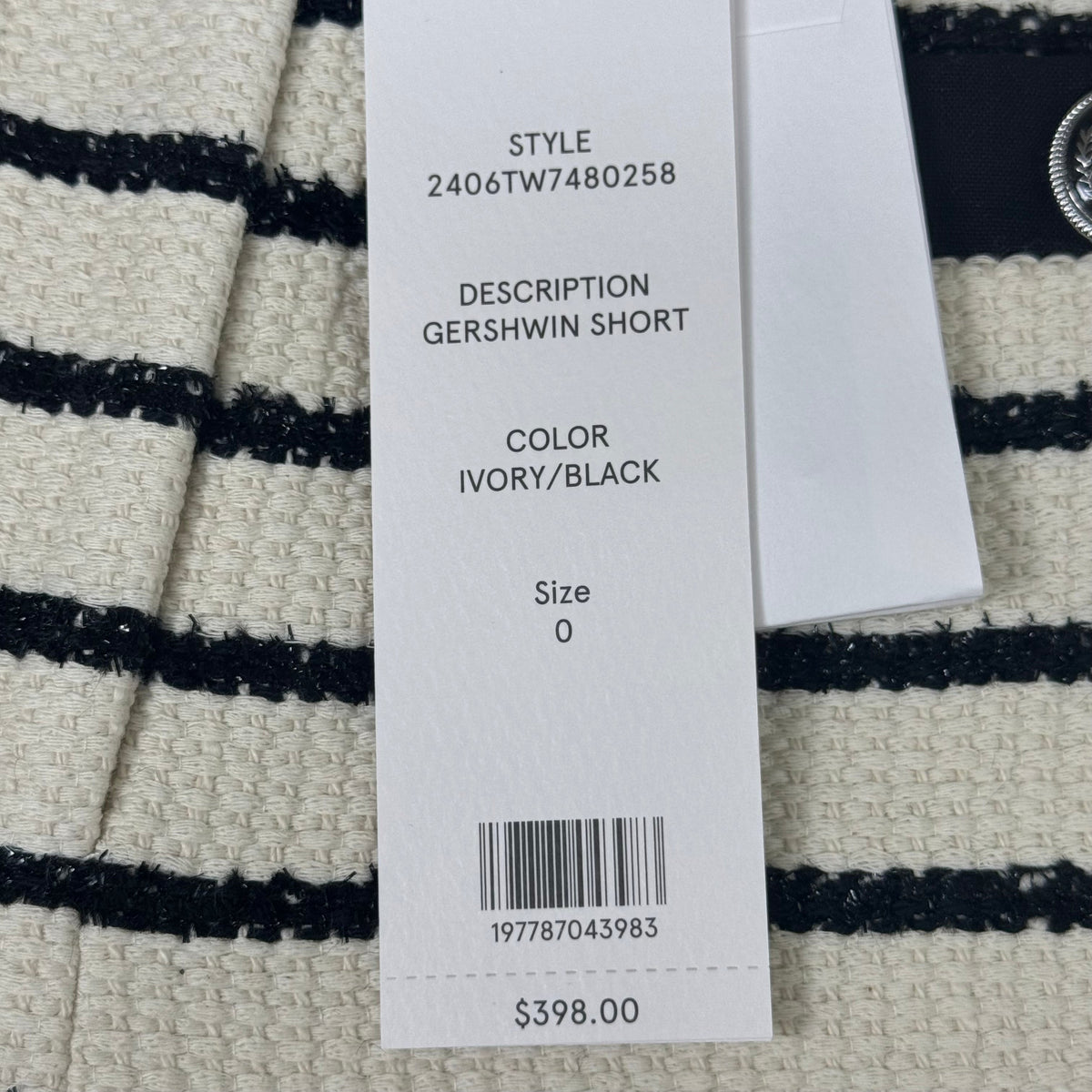 VERONICA BEARD Women's Gershwin Short Sz-0 Ivory/Black 2406TW7480258