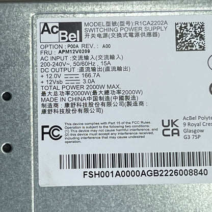 ACBEL Switching Power Supply 80 Plus Platinum 2000W & Cord R1CA2202A