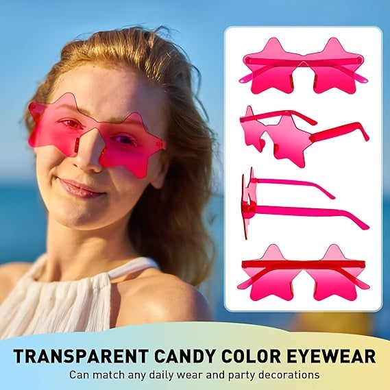 8 Pcs Star Shaped Rimless Sunglasses Set Trendy One Piece Party Eyewear Lightweight Plastic Frame Suitable For Theme Parties Holiday Gatherings And Photo Prop Use.