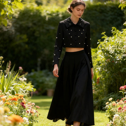 Elegant Figure-flattering Short Beaded Top Paired With A High-waisted Skirt Two-piece Set