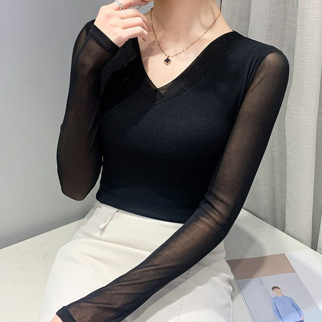 Slimming V-neck Solid-color Mesh Base Top
