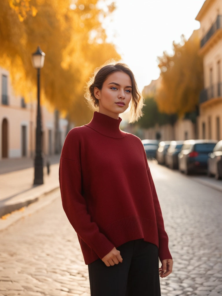 Women's Oversized Turtleneck Sweater, Solid Color Long Sleeve Loose Knit Pullover, Casual Fall Winter Basic Knit Top For Ladies