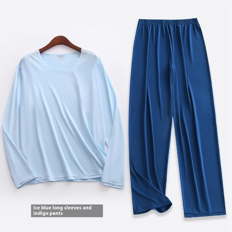 Spring Summer Ultra-thin Men's Long-sleeved Cropped Trousers Pajamas Suit