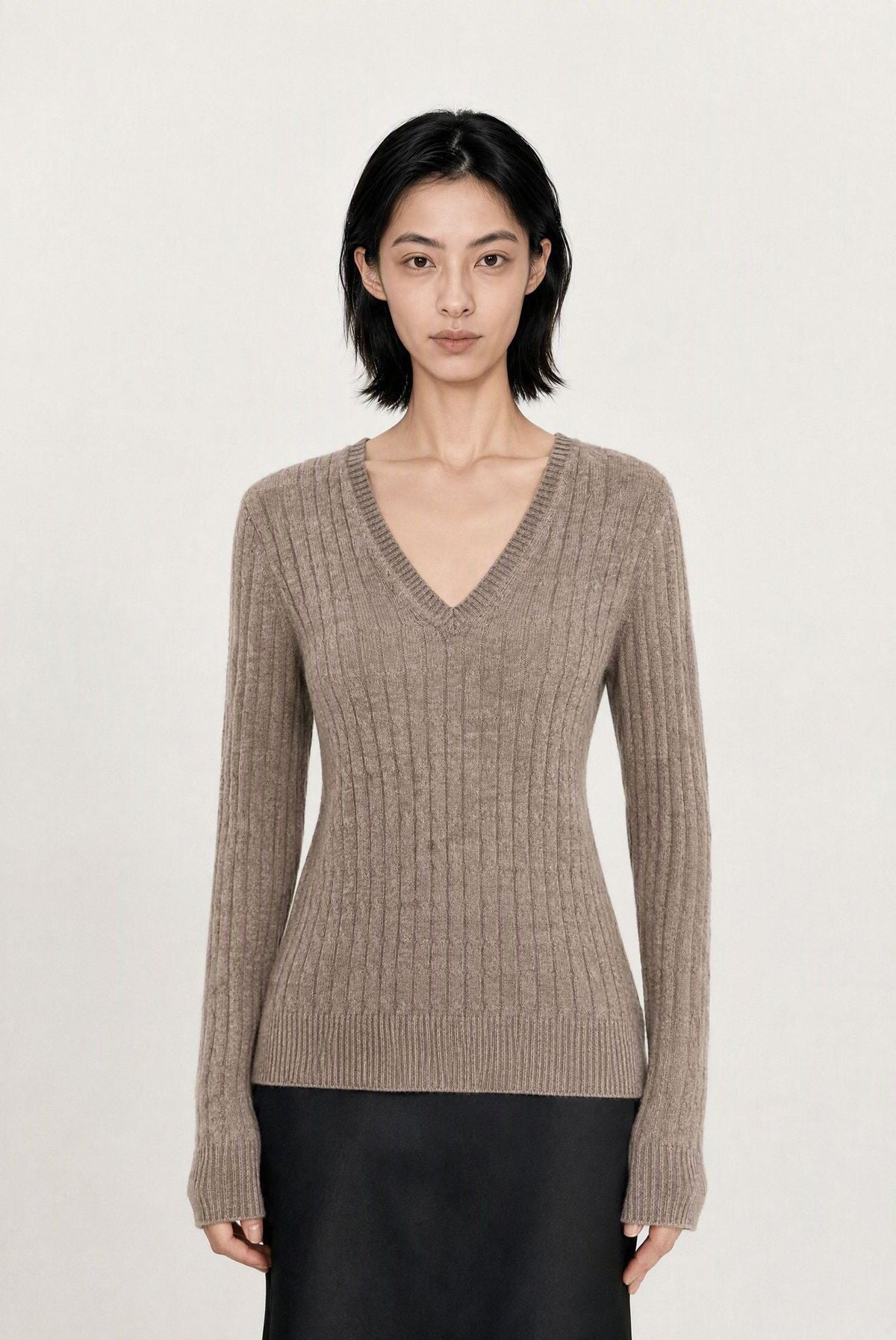 Ribbed V-Neck Ultrafine Merino Wool & Cashmere-Silk Blend Knit Sweater