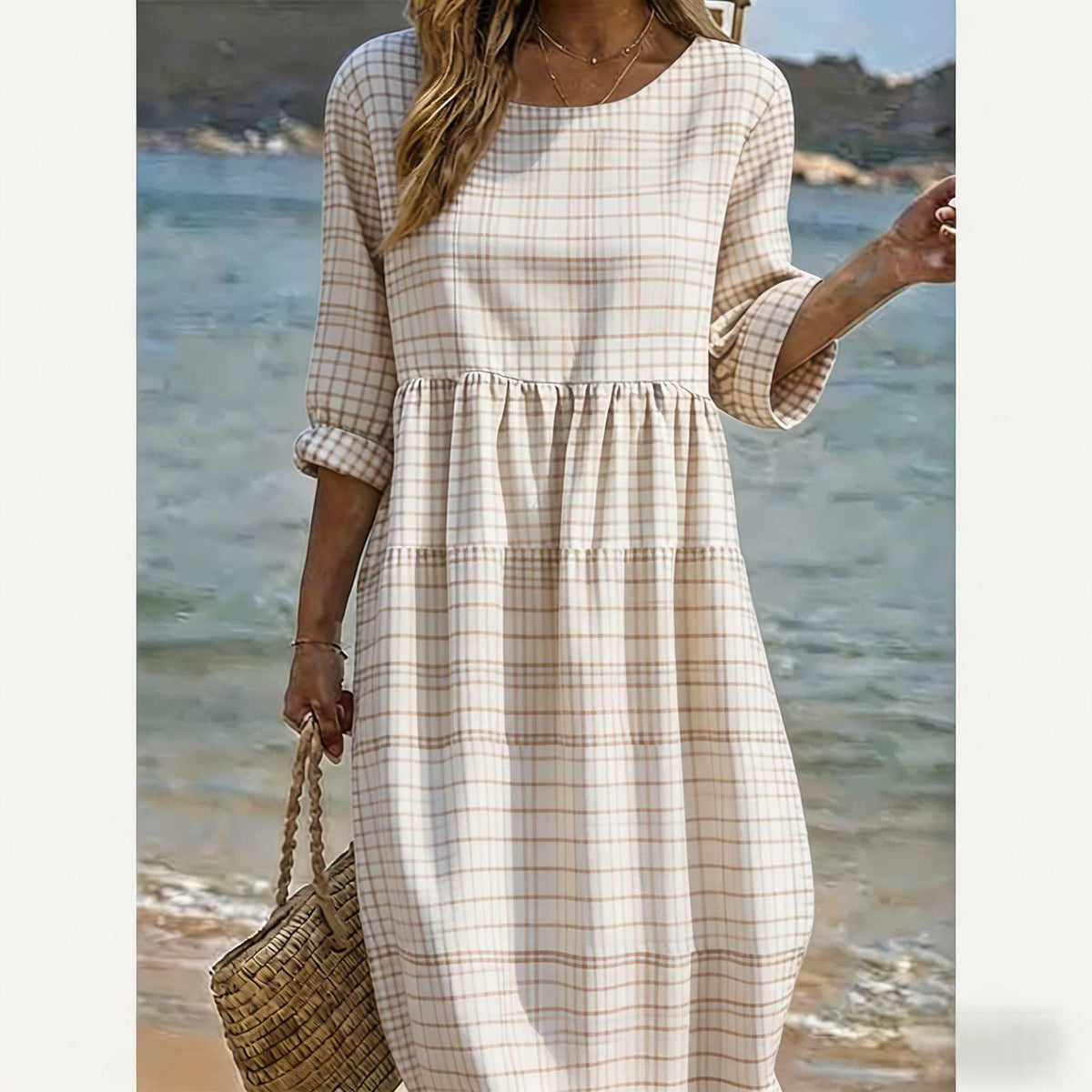 Womens Casual Patchwork Cotton-Linen Dress