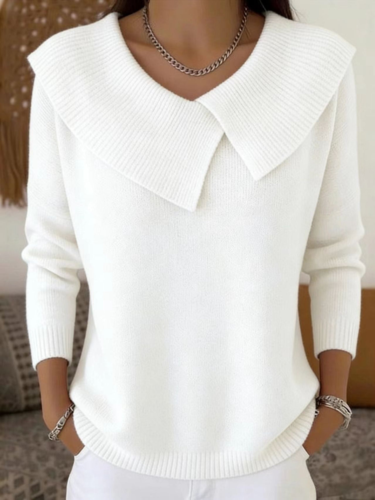 Women's Autumn  Winter New Arrival  Chic Oversized Sweater, Korean Retro Collared Knit Top, Slimming & Versatile