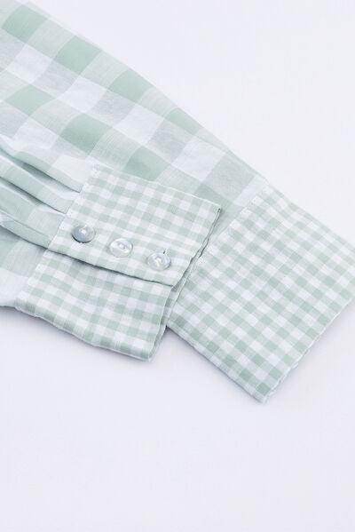 Pocketed Plaid Collared Neck Long Sleeve Shirt for Women