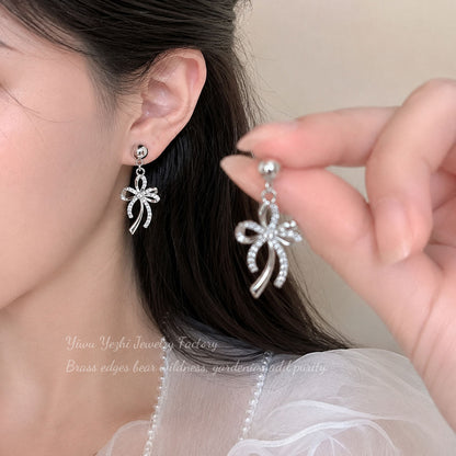 Korean-Style Lace Bow Zircon Earrings For Women, Light Luxury Niche High-End Earrings With Unique Design And Elegant Temperament