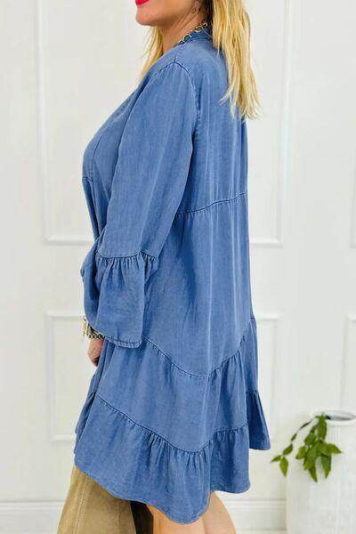 Notched Flare Sleeve Denim Dress for Casual Chic Style