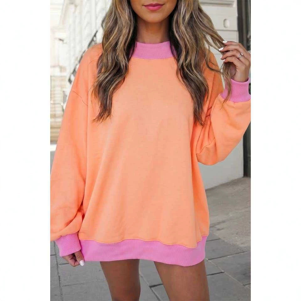 Womens Pullover Color-Block Fleece-Lined Long-Sleeve Sweatshirt