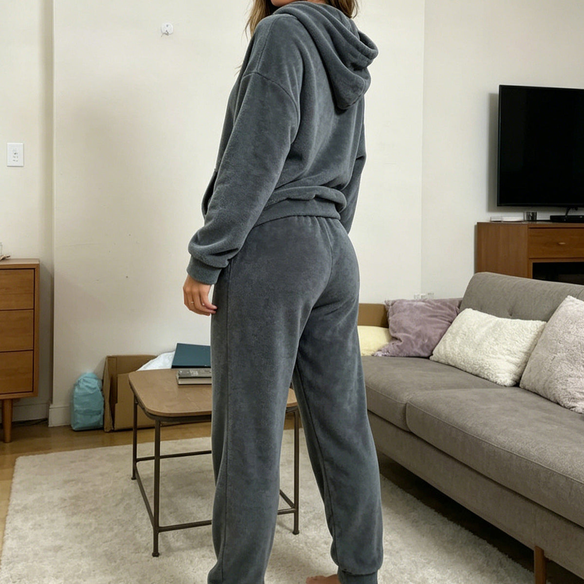 Solid-color Plush Womens Hooded Long-sleeve Sweatshirt And Pants Set