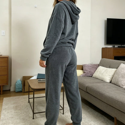 Solid-color Plush Womens Hooded Long-sleeve Sweatshirt And Pants Set