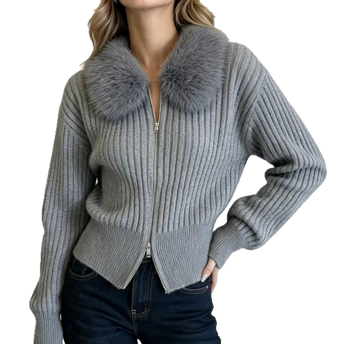 Loose-fitting Knitted Cardigan With A Fur Collar