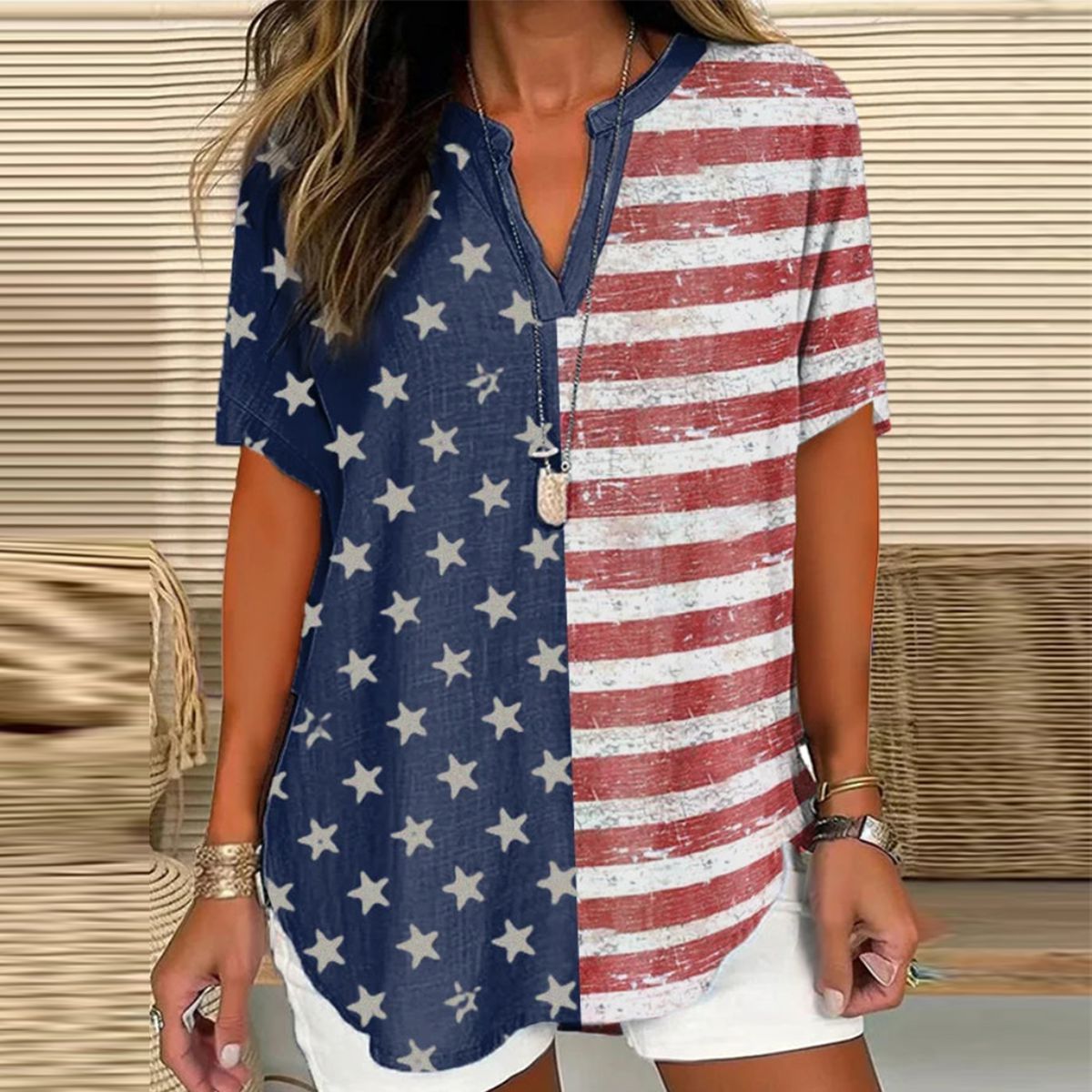 Independence Day Floral Long Sleeve V-Neck T-shirt