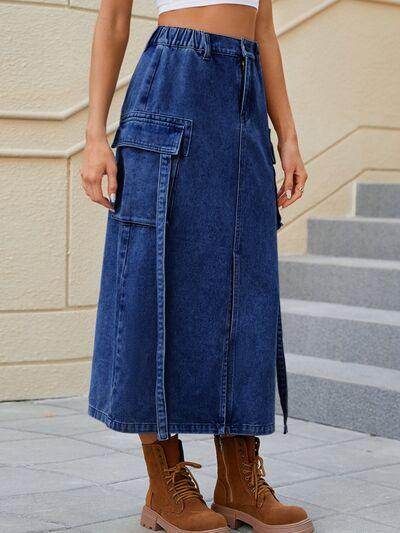 Slit Pocketed High Waist Denim Skirt for Women