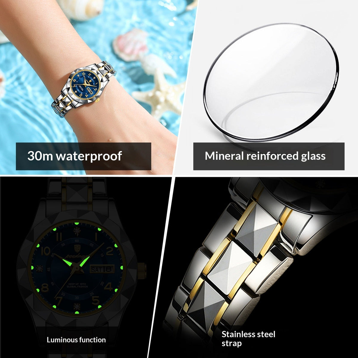 Waterproof Luminous Dual-Date Womens Quartz Watch