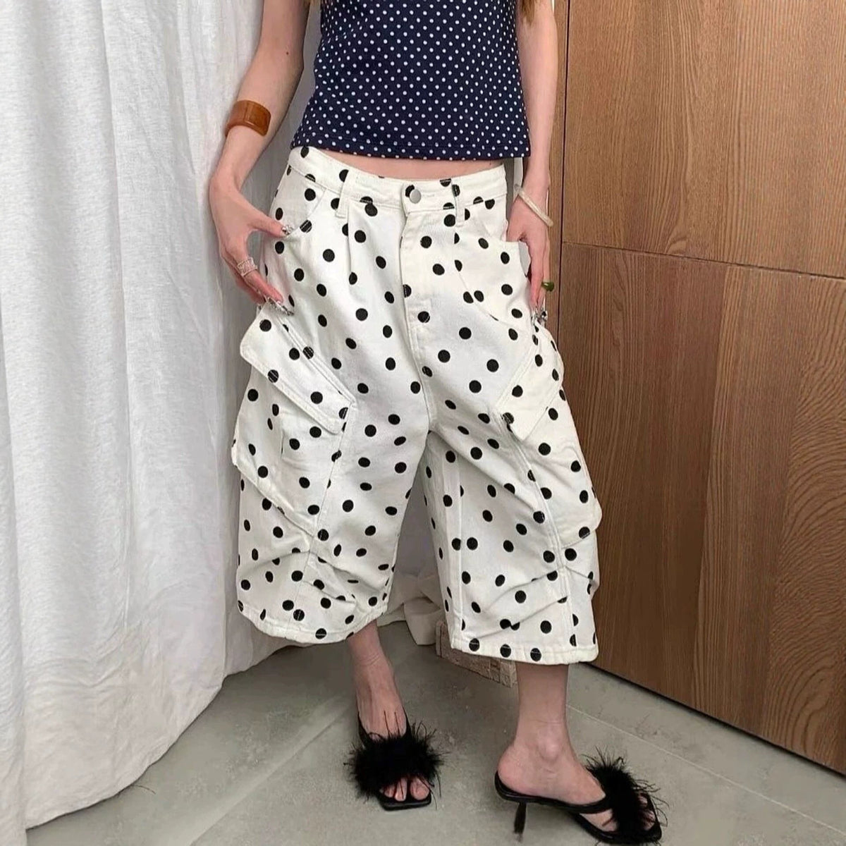 American-style Vintage White Polka-dot Work Pants