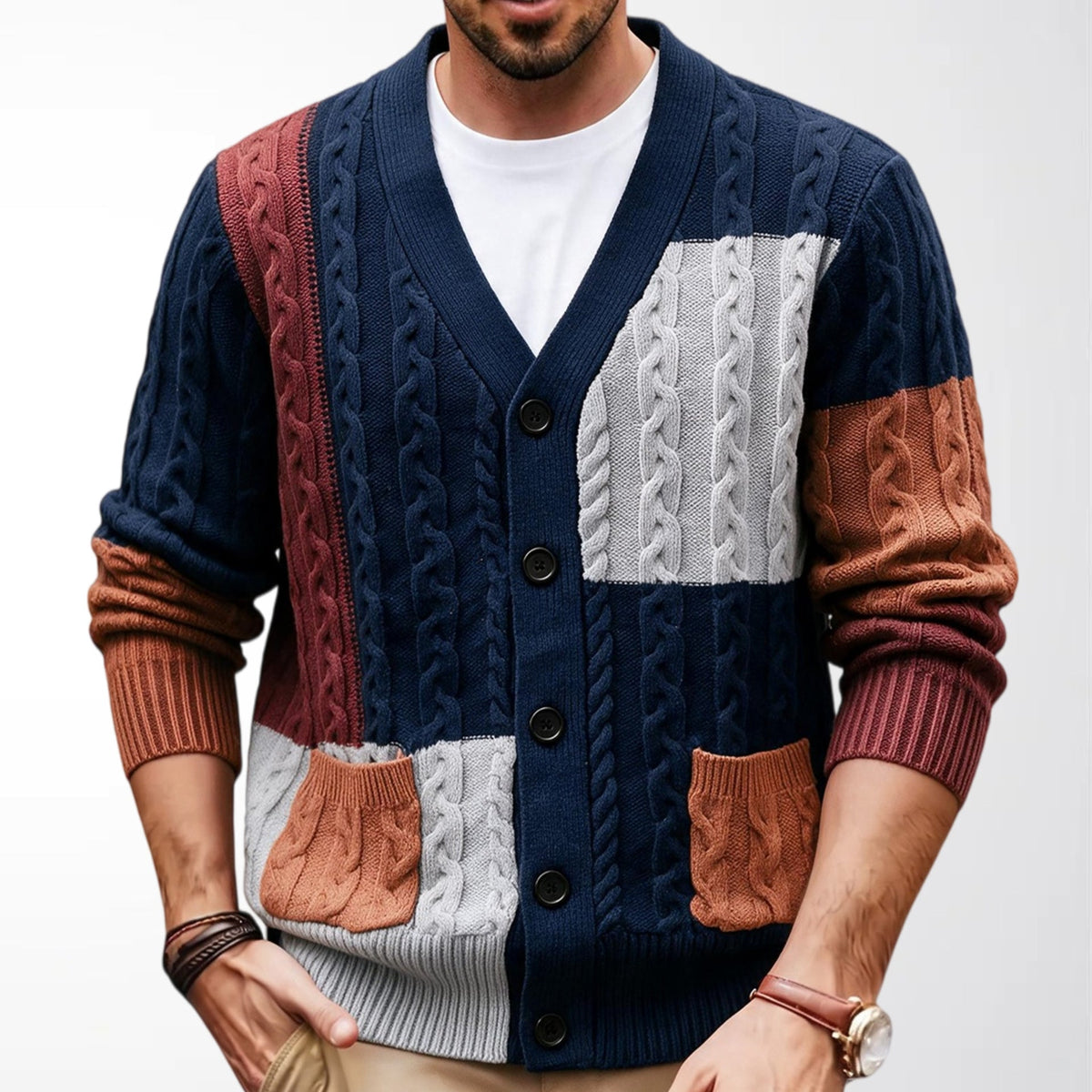 Retro Mens Color-block Hemp-flower Cardigan Sweater