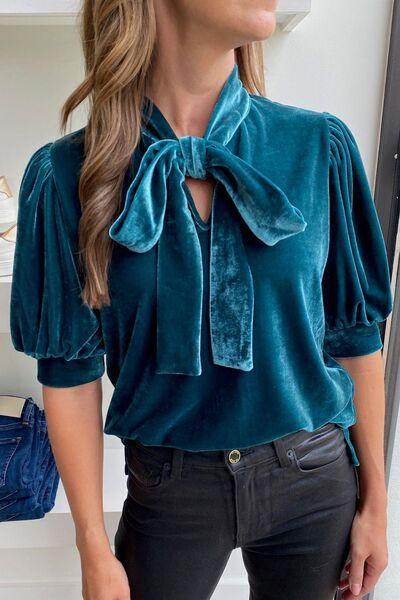Tie Neck Half Sleeve Blouse for Women in Sheer Fabric