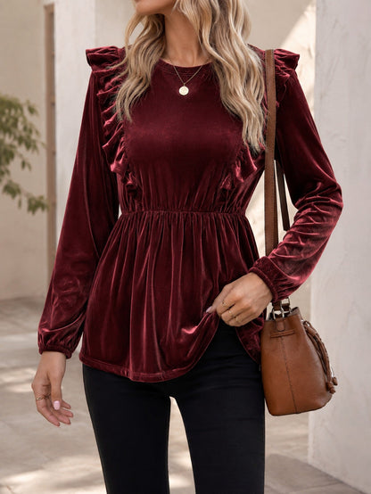 Women's Round-neck Lace-trimmed Loose-fit Long-sleeve T-shirt Top