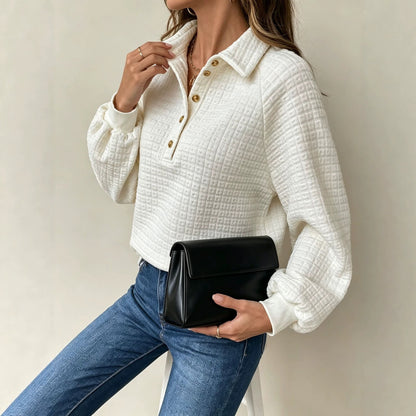 Turn-down Collar Textured Top Women's Pullover Sweatshirt