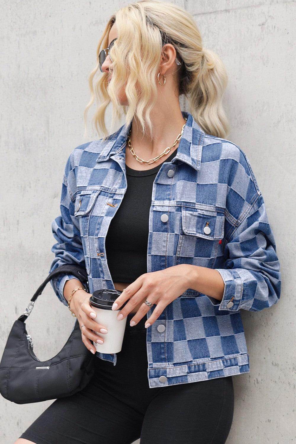 Checkered Button Up Long Sleeve Denim Jacket for Women