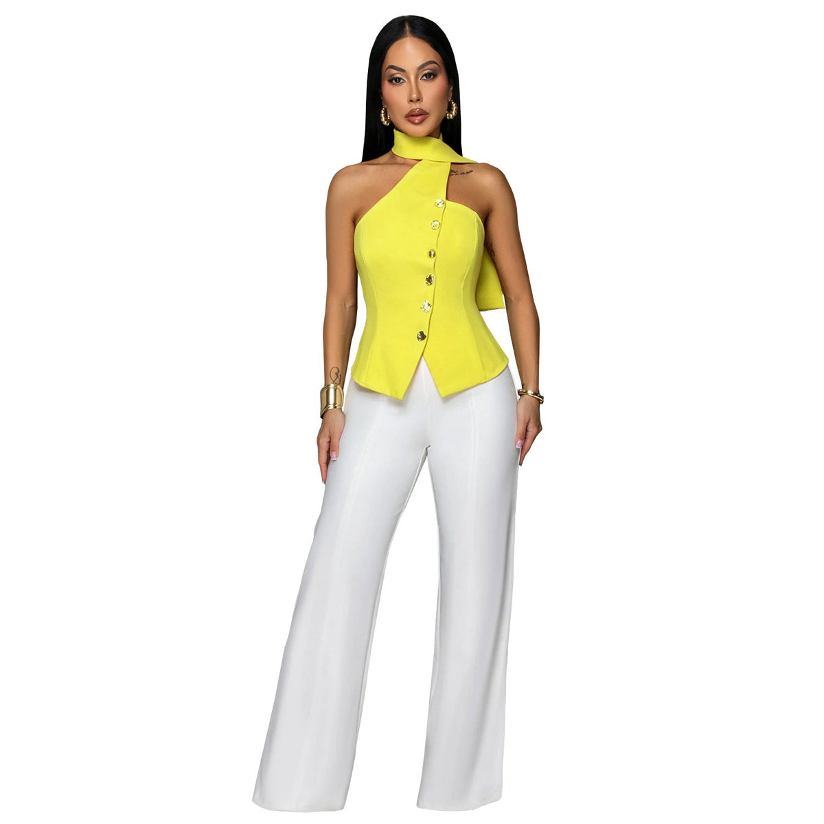 Office-style Halter-neck Fitted Top And Wide-leg Pants Two-piece Set