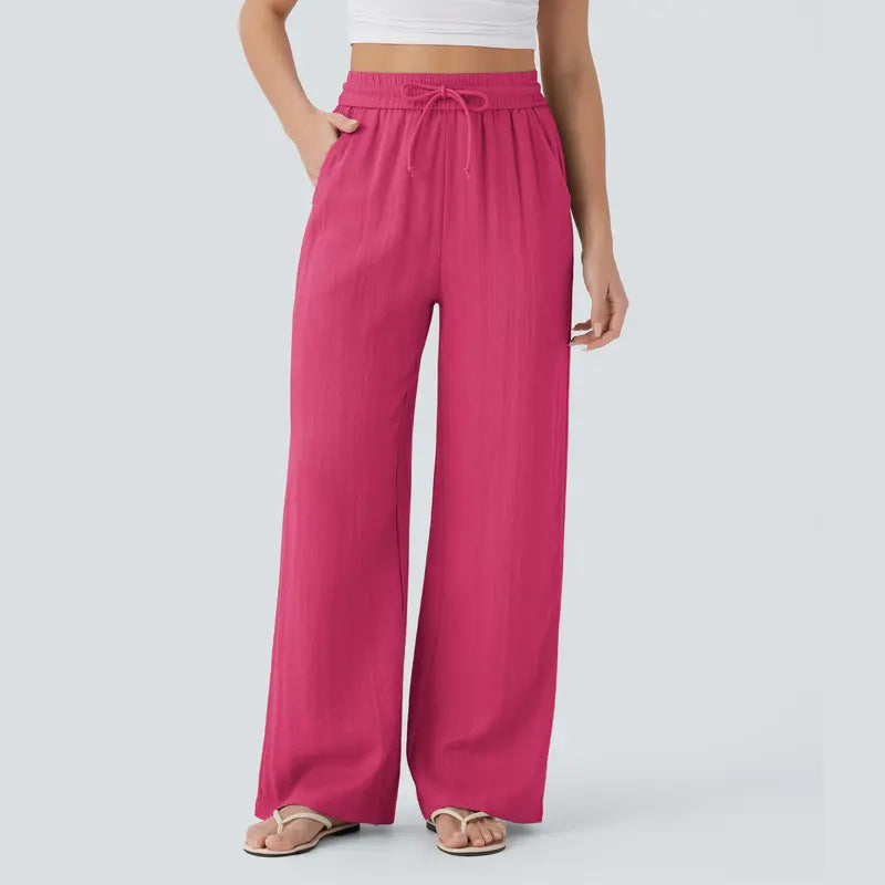 2026 High-Waisted Drawstring Side Pocket Casual Style Linen Flowy Elastic Beach Wide-Leg Pants Women's Cloud Cotton Casual Pants