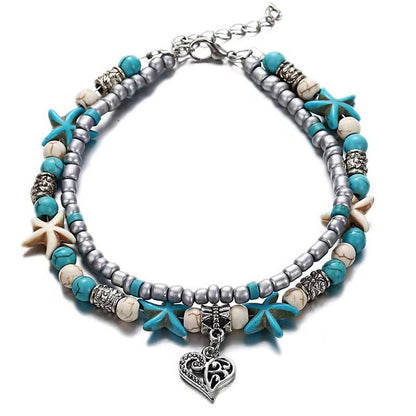 Retro Rice Grain Pearl Turtle Scallop Alloy Pendant Anklet