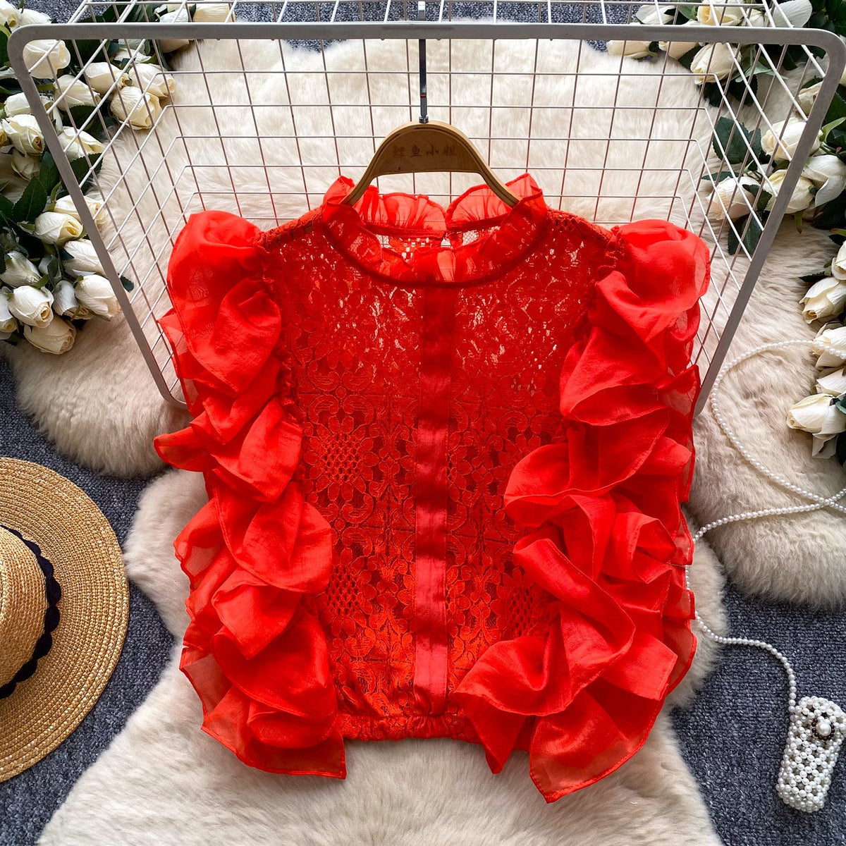 Lace Sleeveless Top With Ruffled Paneling And Hollowed-Out Details