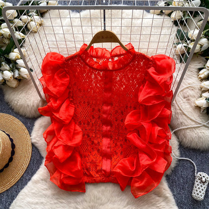 Lace Sleeveless Top With Ruffled Paneling And Hollowed-Out Details