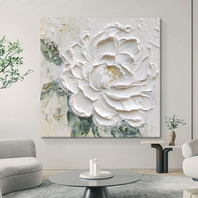 Cream Wind White Peony Flower Thick Texture Hand Drawn Oil Painting Hanging Painting
