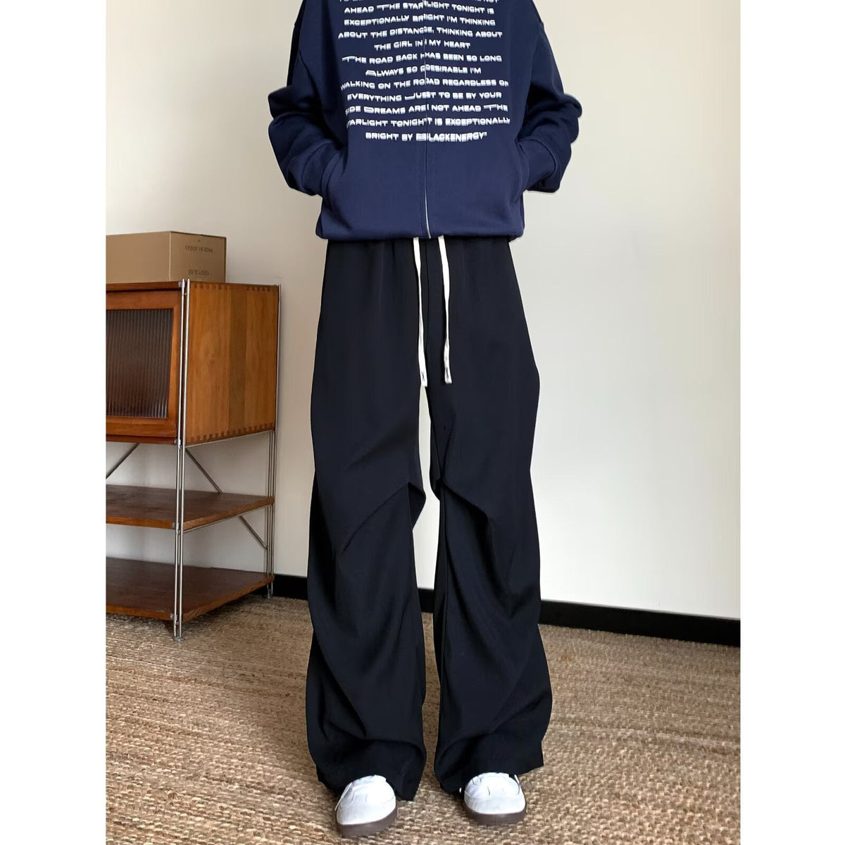 Solid-color Pleated Workwear Mens Straight-leg Loose Wide-leg Versatile Minimalist Drawstring Casual Trousers