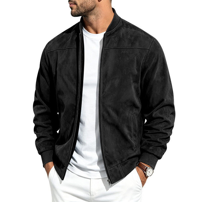 Suede Long Sleeve Zip Up Jacket Men's Casual Outerwear With Full Zip Closure