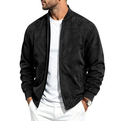 Suede Long Sleeve Zip Up Jacket Men's Casual Outerwear With Full Zip Closure