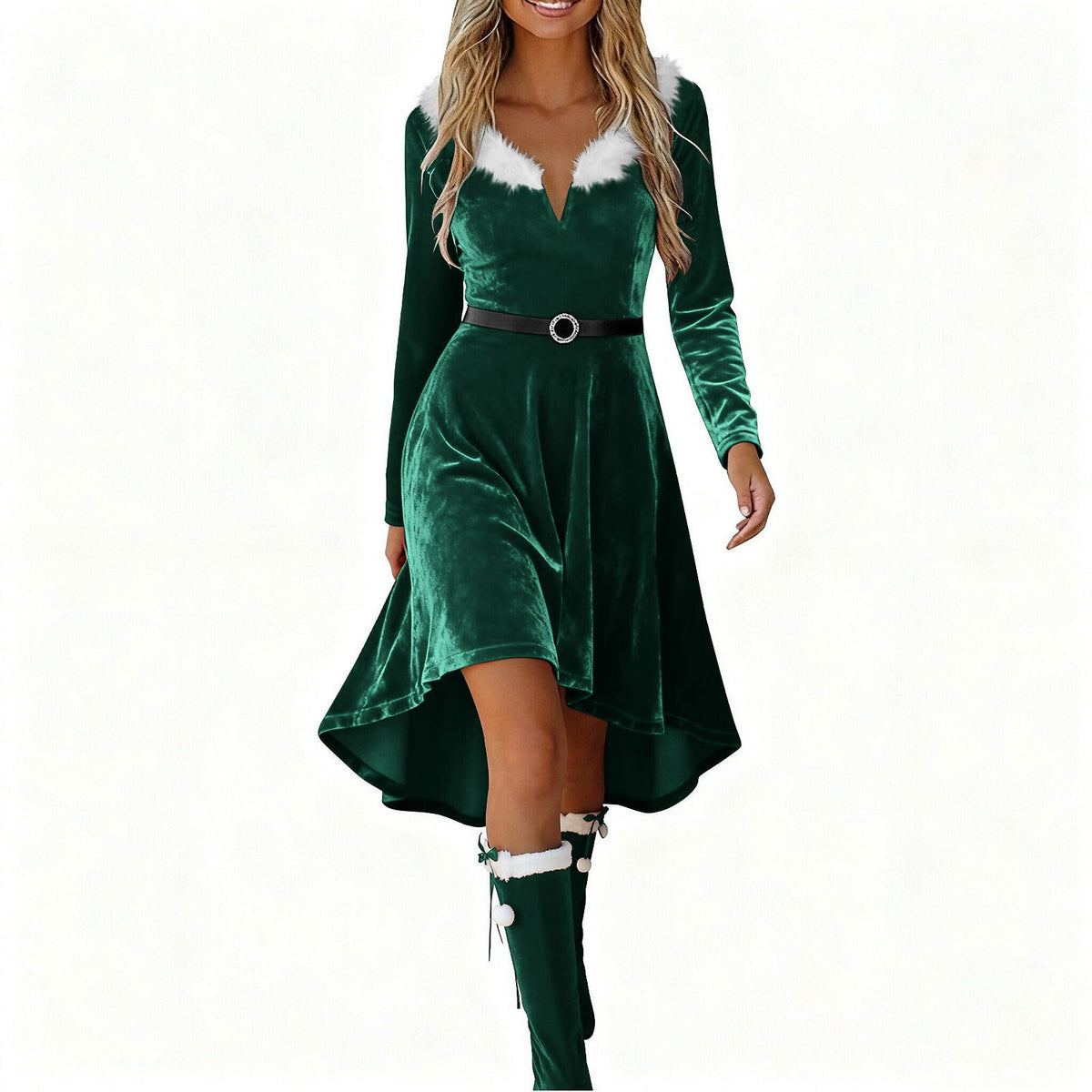 Christmas Womens Fur-Patchwork V-Neck Long-Sleeve Dress