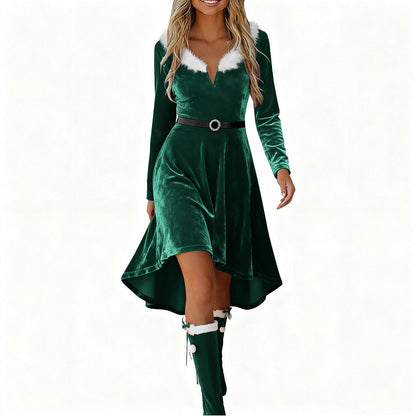Christmas Womens Fur-Patchwork V-Neck Long-Sleeve Dress