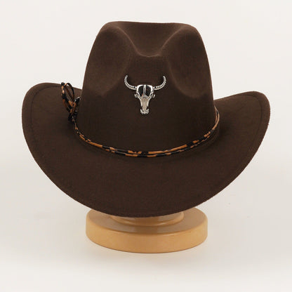Western Cowboy Hat For Men And Women Metal Bull-Head Wool Cavalry Cap Top Hat