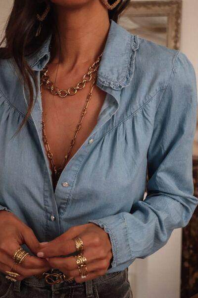 Button Up Long Sleeve Denim Top for Stylish Comfort