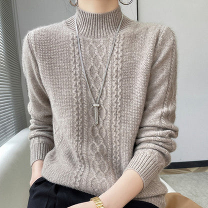 New Fall Winter Women Thick Knit Sweater, Mock Neck Cable Pattern Loose Fit Pullover, Casual Warm Basic Long Sleeve Underwear Top