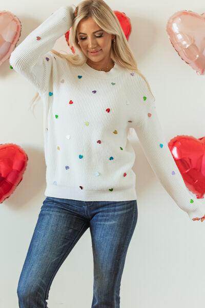 Heart Sequin Round Neck Long Sleeve Sweater for Women