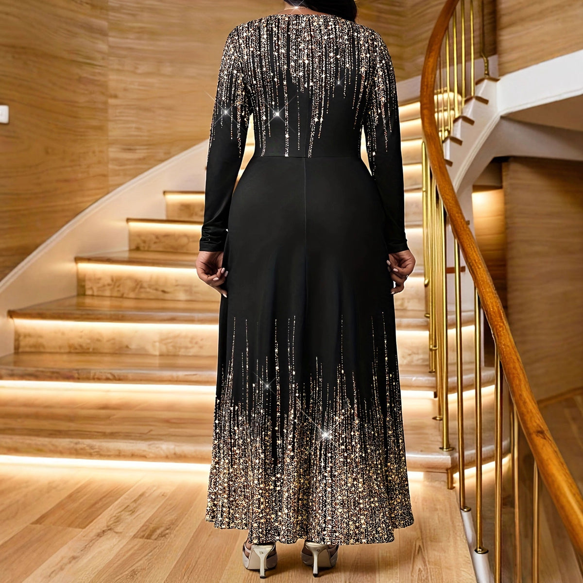 Plus-size Womens Sequined Crew-neck Long-sleeve Dress