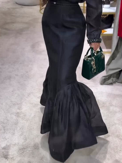Black Structured Organza Mermaid Maxi Skirt