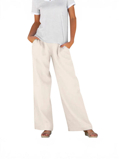 Solid-color Loose-fitting Elastic-waist Wide-leg Casual Pants