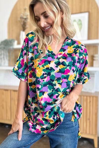 Double Take Full Size Printed V-Neck Short Sleeve Top