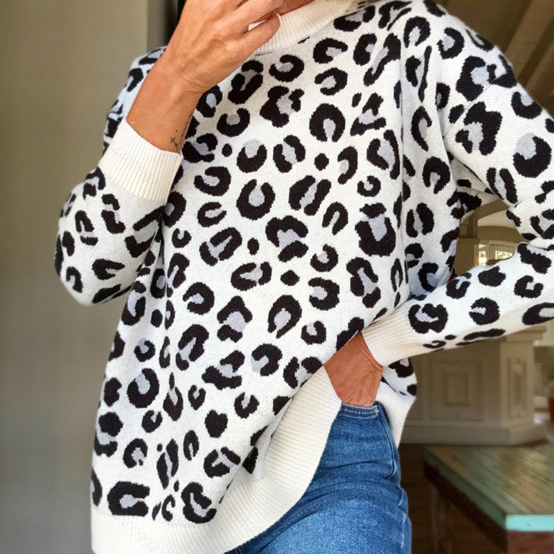 Womens Winter Clothing Round-Neck Jacquard Knit Loose-Fit Sweatshirt With Animal Print