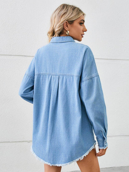 Distressed Raw Hem Dropped Shoulder Denim Jacket for Women